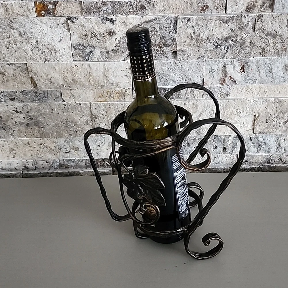Bottle Holder Wine Decorative Leaves  Elegant Black Dark Brown Metal Art